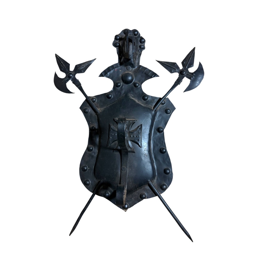 Vintage Medieval Wrought Iron Shield Battle Axe Wall Plaque Dark Academia Decor